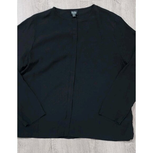 EILEEN FISHER Shirt Top Petite Medium Black Silk Georgette Crepe Drapey Button - Picture 2 of 8